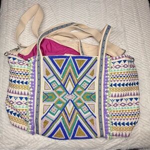 America & Beyond Beaded Embroidered Canvas Tote / Weekender Bag
